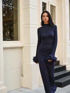 Clearance Elegant Ruffle Split Jersey Long Dress Cocktail & Party Dresses|Long Dresses