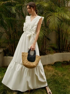 Online Elegant Ruffle Trim Belted Long Dress White Dresses|Vacation Dresses