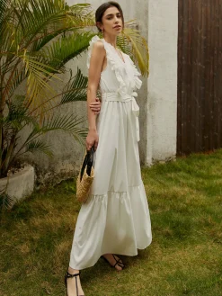 Online Elegant Ruffle Trim Belted Long Dress White Dresses|Vacation Dresses