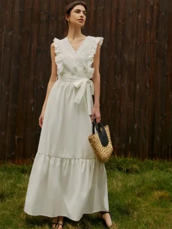 Online Elegant Ruffle Trim Belted Long Dress White Dresses|Vacation Dresses