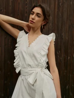 Online Elegant Ruffle Trim Belted Long Dress White Dresses|Vacation Dresses