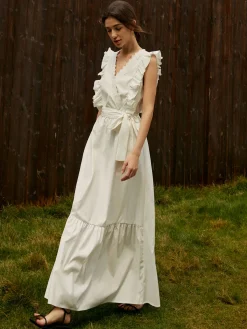 Online Elegant Ruffle Trim Belted Long Dress White Dresses|Vacation Dresses