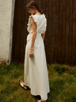 Online Elegant Ruffle Trim Belted Long Dress White Dresses|Vacation Dresses