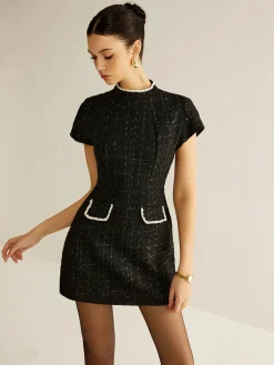 Discount Elegant Short Sleeve Tweed Dress Black Dresses|Casual Dresses