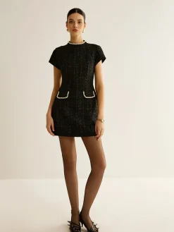 Discount Elegant Short Sleeve Tweed Dress Black Dresses|Casual Dresses