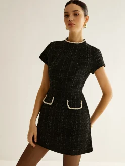 Discount Elegant Short Sleeve Tweed Dress Black Dresses|Casual Dresses