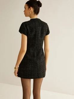 Discount Elegant Short Sleeve Tweed Dress Black Dresses|Casual Dresses