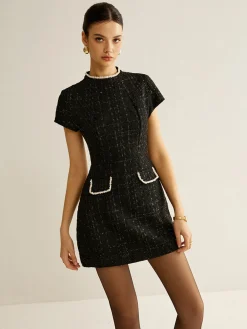 Discount Elegant Short Sleeve Tweed Dress Casual Dresses|Work Dresses