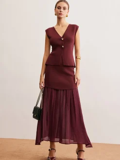 Hot Elegant Sleeveless Panel Skirt Set Skirt Sets|Long Sleeve Sets