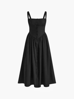 Discount Elegant Sleeveless Square Neck Midi Dress Black Dresses|Casual Dresses