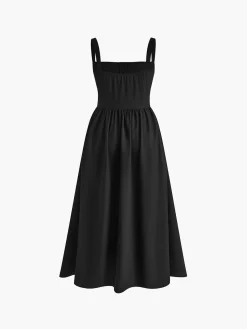 Discount Elegant Sleeveless Square Neck Midi Dress Black Dresses|Casual Dresses