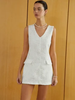 Discount Elegant Sleeveless V-Neck Short Dress White Dresses|Casual Dresses