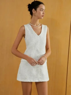 Discount Elegant Sleeveless V-Neck Short Dress White Dresses|Casual Dresses