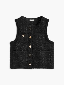 Clearance Elegant Tweed Pockets Vest Vests|Outerwear
