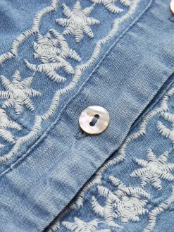 New Elegant V-Neck Embroidery Shirt Denim|Tops