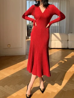 Sale Elegant V-Neck Pleated Dress Casual Dresses|Cocktail & Party Dresses