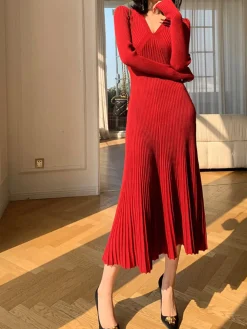 Sale Elegant V-Neck Pleated Dress Casual Dresses|Cocktail & Party Dresses