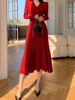 Sale Elegant V-Neck Pleated Dress Casual Dresses|Cocktail & Party Dresses
