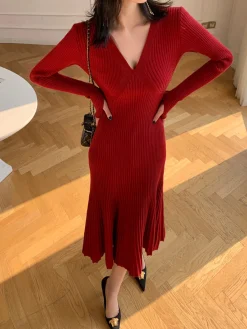 Sale Elegant V-Neck Pleated Dress Casual Dresses|Cocktail & Party Dresses