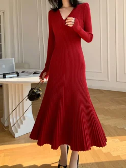 Sale Elegant V-Neck Pleated Dress Casual Dresses|Cocktail & Party Dresses