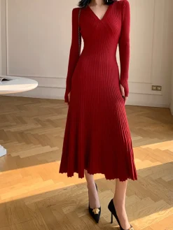 Sale Elegant V-Neck Pleated Dress Casual Dresses|Cocktail & Party Dresses