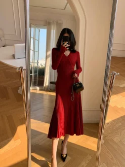 Sale Elegant V-Neck Pleated Dress Casual Dresses|Cocktail & Party Dresses