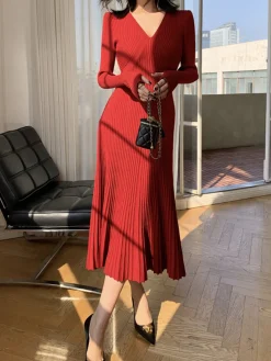 Sale Elegant V-Neck Pleated Dress Casual Dresses|Cocktail & Party Dresses