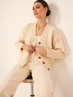 Best Elegant V-Neck Ribbed Cable Cardigan Cardigans|Sweaters & Cardigans