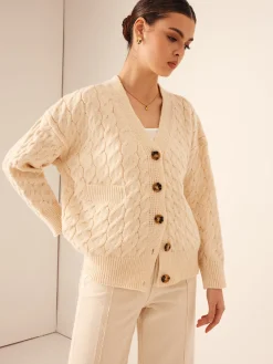 Best Elegant V-Neck Ribbed Cable Cardigan Cardigans|Sweaters & Cardigans