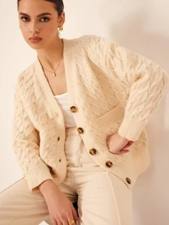 Best Elegant V-Neck Ribbed Cable Cardigan Cardigans|Sweaters & Cardigans
