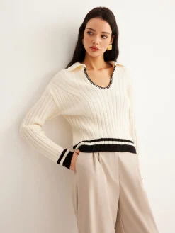 Sale Embroidered Contrast Trim Cozy Sweater Sweater Tops|Sweaters & Cardigans