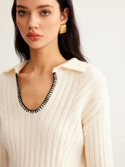 Sale Embroidered Contrast Trim Cozy Sweater Sweater Tops|Sweaters & Cardigans