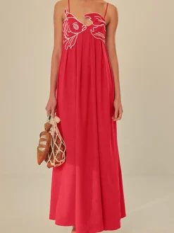 Sale Embroide Fish Spaghetti Strap Midi Dress Black Dresses|Vacation Dresses