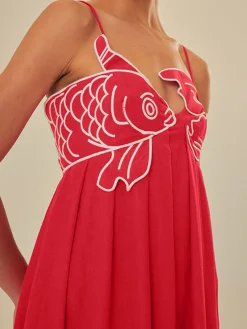 Sale Embroide Fish Spaghetti Strap Midi Dress Black Dresses|Vacation Dresses