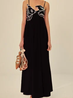 Sale Embroide Fish Spaghetti Strap Midi Dress Black Dresses|Vacation Dresses