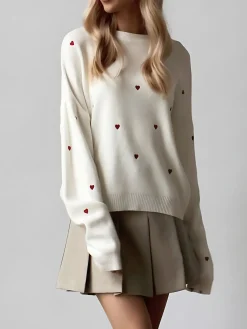 Online Embroidered Heart Oversized Knit Sweater Sweater Tops|Sweaters & Cardigans