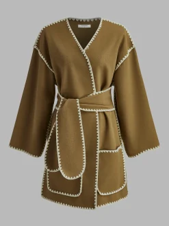 Best Embroidered Piping Wide Belted Coat Outerwear|Coats