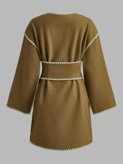 Best Embroidered Piping Wide Belted Coat Outerwear|Coats