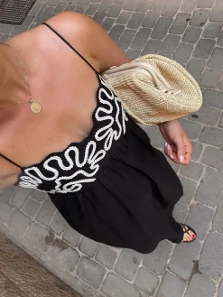 Outlet Embroidered Shirred Spaghetti Strap Long Dress Black Dresses|Vacation Dresses