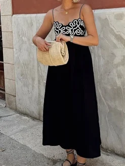 Outlet Embroidered Shirred Spaghetti Strap Long Dress Black Dresses|Vacation Dresses