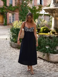 Outlet Embroidered Shirred Spaghetti Strap Long Dress Black Dresses|Vacation Dresses