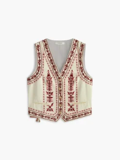 Hot Embroide Sleeveless Belted Back Vest Outerwear|Vests