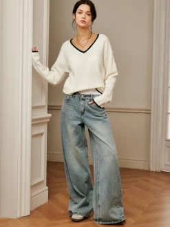 Best Embroidered Trim Draped Shoulder Knit Top Sweater Tops|Sweaters & Cardigans