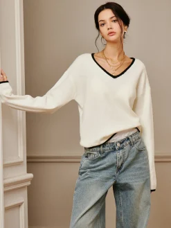 Best Embroidered Trim Draped Shoulder Knit Top Sweater Tops|Sweaters & Cardigans