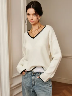 Best Embroidered Trim Draped Shoulder Knit Top Sweater Tops|Sweaters & Cardigans