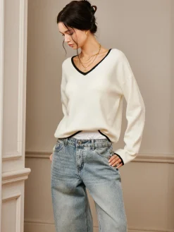 Best Embroidered Trim Draped Shoulder Knit Top Sweater Tops|Sweaters & Cardigans