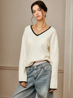 Best Embroidered Trim Draped Shoulder Knit Top Sweater Tops|Sweaters & Cardigans