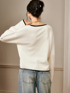 Best Embroidered Trim Draped Shoulder Knit Top Sweater Tops|Sweaters & Cardigans