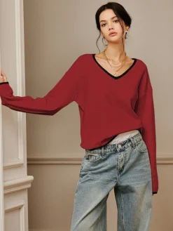 Best Embroidered Trim Draped Shoulder Knit Top Sweater Tops|Sweaters & Cardigans