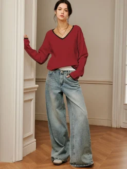 Best Embroidered Trim Draped Shoulder Knit Top Sweater Tops|Sweaters & Cardigans